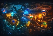 Futuristic digital illustration of the top 10 most influential countries showing global economic, military, and diplomatic power with interconnected networks.