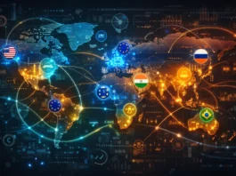 Futuristic digital illustration of the top 10 most influential countries showing global economic, military, and diplomatic power with interconnected networks.