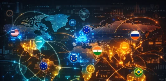Futuristic digital illustration of the top 10 most influential countries showing global economic, military, and diplomatic power with interconnected networks.
