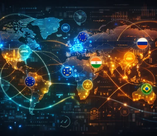 Futuristic digital illustration of the top 10 most influential countries showing global economic, military, and diplomatic power with interconnected networks.