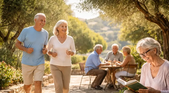 Older adults walking, reading, and socializing in a calm, healthy environment.