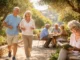 Older adults walking, reading, and socializing in a calm, healthy environment.