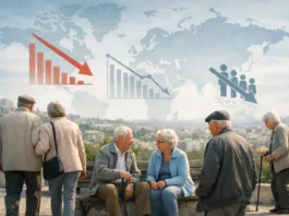 Global map illustrating countries with the fastest-aging populations and shrinking nations