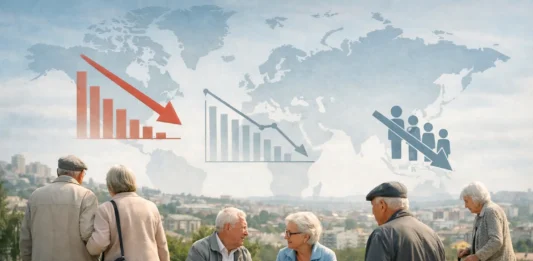Global map illustrating countries with the fastest-aging populations and shrinking nations