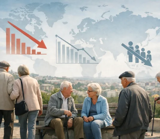 Global map illustrating countries with the fastest-aging populations and shrinking nations