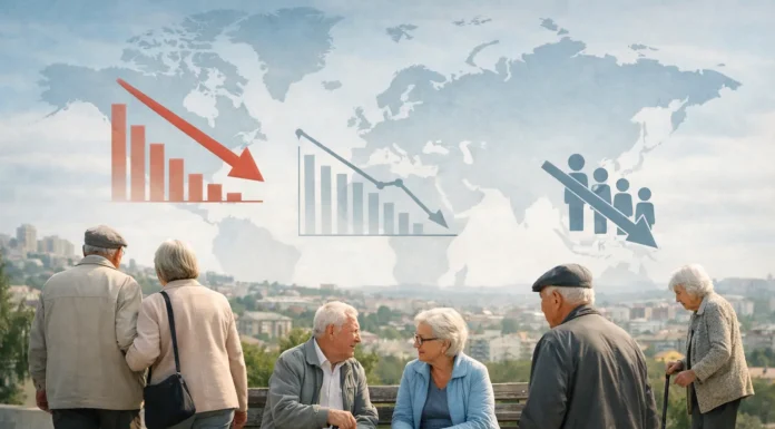 Global map illustrating countries with the fastest-aging populations and shrinking nations