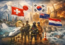 The World’s Most Resilient Countries Illustrating Switzerland, Japan, South Korea, New Zealand, and the Netherlands, this graphic highlights resilience across disaster response, military, economic stability, and infrastructure.
