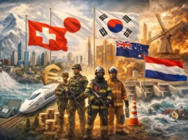Illustrating Switzerland, Japan, South Korea, New Zealand, and the Netherlands, this graphic highlights resilience across disaster response, military, economic stability, and infrastructure.