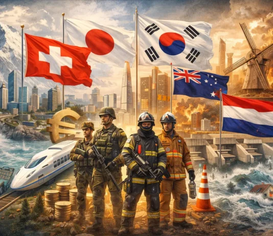 Illustrating Switzerland, Japan, South Korea, New Zealand, and the Netherlands, this graphic highlights resilience across disaster response, military, economic stability, and infrastructure.