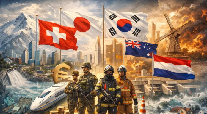 Illustrating Switzerland, Japan, South Korea, New Zealand, and the Netherlands, this graphic highlights resilience across disaster response, military, economic stability, and infrastructure.