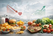 Image showing packaged foods contrasted with whole foods and health indicators.