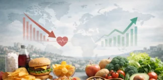 Image showing packaged foods contrasted with whole foods and health indicators.