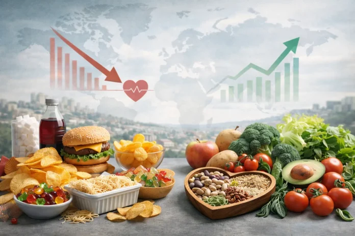 Image showing packaged foods contrasted with whole foods and health indicators.