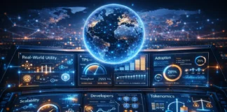 Futuristic visualization showing key metrics used to evaluate promising cryptocurrencies after 2026