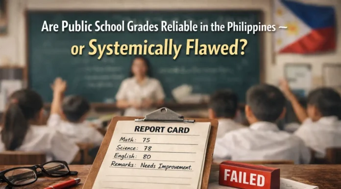A Philippine public school classroom with students and a teacher highlighting grading, assessment, and learning environment challenges