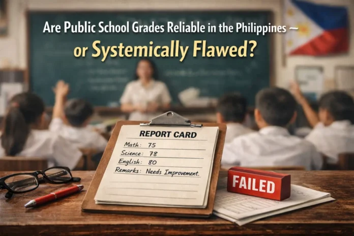 A Philippine public school classroom with students and a teacher highlighting grading, assessment, and learning environment challenges