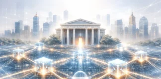 Futuristic blockchain network securing financial institutions against fraud and corruption with glowing ledger nodes and digital smart contracts.