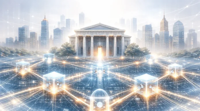 Futuristic blockchain network securing financial institutions against fraud and corruption with glowing ledger nodes and digital smart contracts.