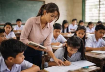 An inexperienced public school teacher managing a large classroom of students in the Philippines