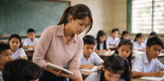 An inexperienced public school teacher managing a large classroom of students in the Philippines