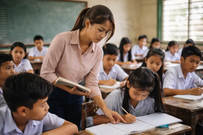 An inexperienced public school teacher managing a large classroom of students in the Philippines