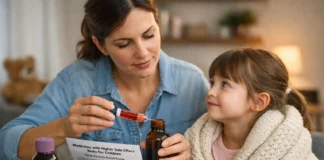 The parent carefully measures liquid medicine for the child while reviewing medication safety guidelines.