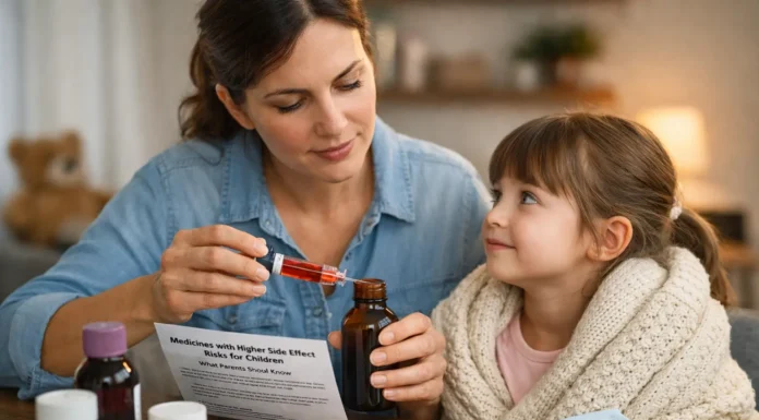 The parent carefully measures liquid medicine for the child while reviewing medication safety guidelines.