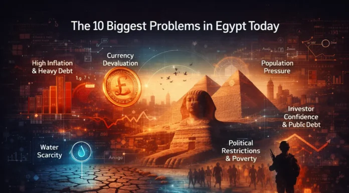 Illustration highlighting Egypt’s economic challenges, political pressures, and environmental risks in a modern global context.