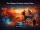 Illustration highlighting Egypt’s economic challenges, political pressures, and environmental risks in a modern global context.