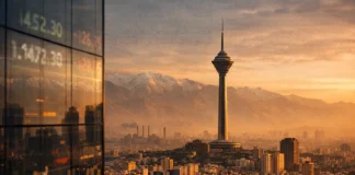 Tehran skyline at sunset, featuring Milad Tower and an urban cityscape, symbolizing Iran’s economic and geopolitical challenges.