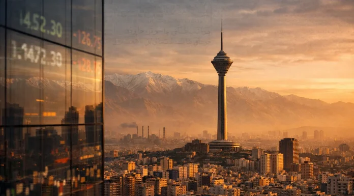 Tehran skyline at sunset, featuring Milad Tower and an urban cityscape, symbolizing Iran’s economic and geopolitical challenges.