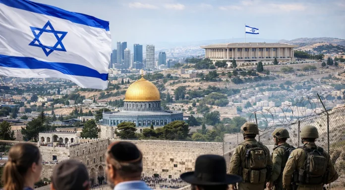 Urban skyline and diverse population representing Israel’s structural challenges.