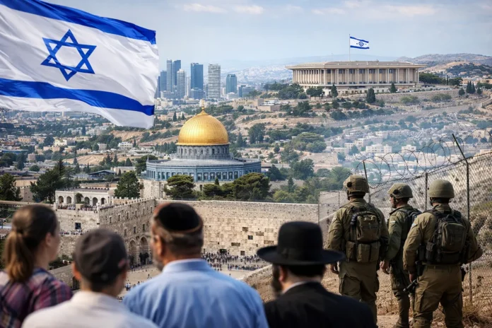 Urban skyline and diverse population representing Israel’s structural challenges.