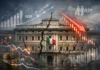 Image of a cracked government building with faint financial charts in the background, representing Italy’s high public debt, weak productivity growth, demographic decline, and governance challenges.