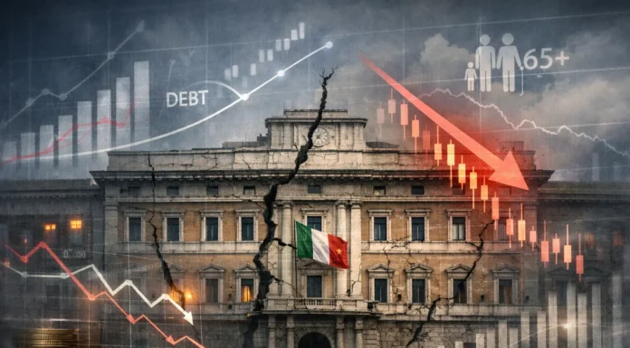 Image of a cracked government building with faint financial charts in the background, representing Italy’s high public debt, weak productivity growth, demographic decline, and governance challenges.