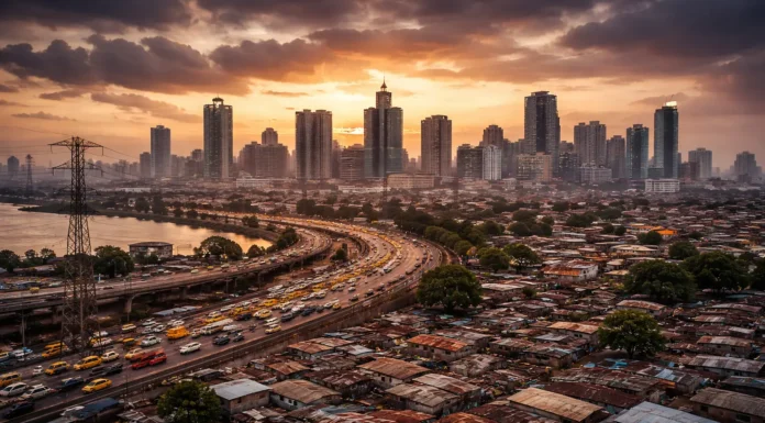 Image of Lagos skyline with roads and buildings, representing Nigeria’s economic scale, infrastructure gaps, and structural development challenges.