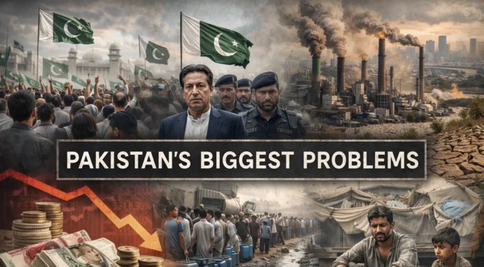 Pakistan faces economic struggles, political instability, environmental challenges, and social issues in a modern editorial-style montage.