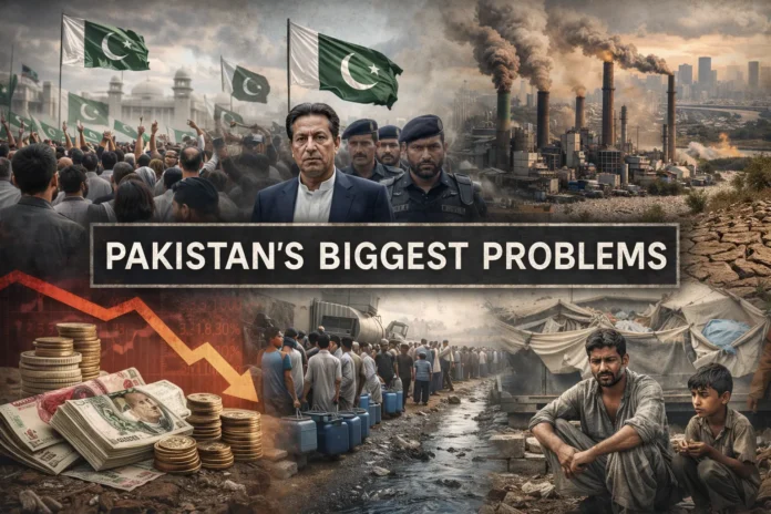 Pakistan faces economic struggles, political instability, environmental challenges, and social issues in a modern editorial-style montage.