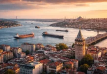 The 10 Biggest Problems in Turkey Istanbul skyline with Bosporus Strait and cargo ships representing Turkey’s economic challenges, inflation pressures, and strategic geopolitical position.
