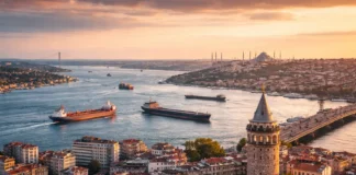 Istanbul skyline with Bosporus Strait and cargo ships representing Turkey’s economic challenges, inflation pressures, and strategic geopolitical position.