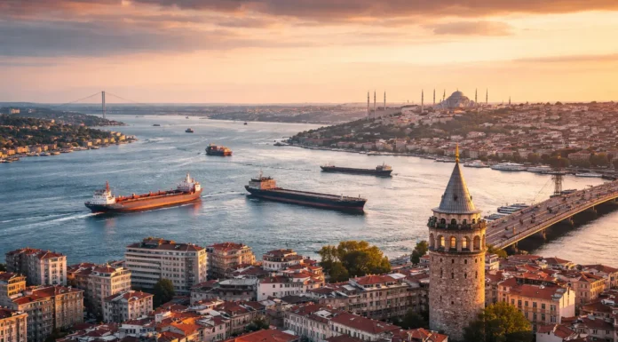 Istanbul skyline with Bosporus Strait and cargo ships representing Turkey’s economic challenges, inflation pressures, and strategic geopolitical position.