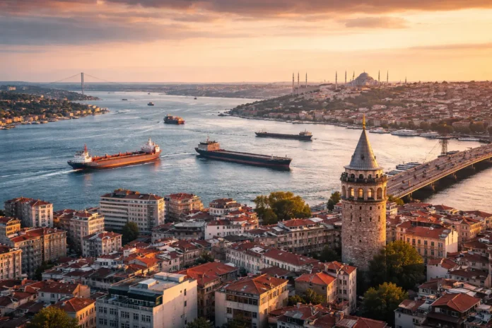 Istanbul skyline with Bosporus Strait and cargo ships representing Turkey’s economic challenges, inflation pressures, and strategic geopolitical position.
