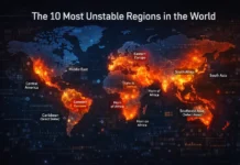 A futuristic global map visualizing the most unstable regions and major geopolitical risk hotspots.