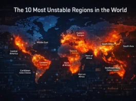 A futuristic global map visualizing the most unstable regions and major geopolitical risk hotspots.