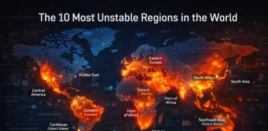 A futuristic global map visualizing the most unstable regions and major geopolitical risk hotspots.