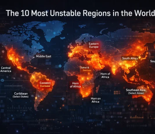 A futuristic global map visualizing the most unstable regions and major geopolitical risk hotspots.