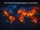 A futuristic global map visualizing the most unstable regions and major geopolitical risk hotspots.