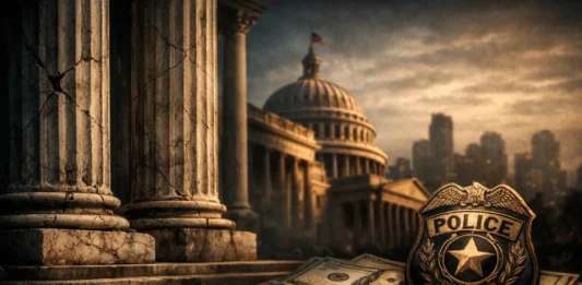 A visual representation of corruption in public institutions, featuring courts, parliament, police, and money exchanges.