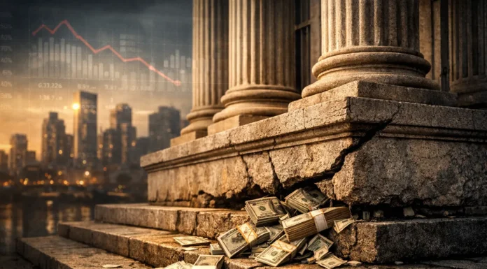 Illustrating the global impact of corruption: a cracked government building with money leaking, a blurred city skyline, and faint economic charts.