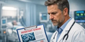 Hospital physician reviewing lab results, highlighting antibiotic-resistant bacteria in a clinical setting